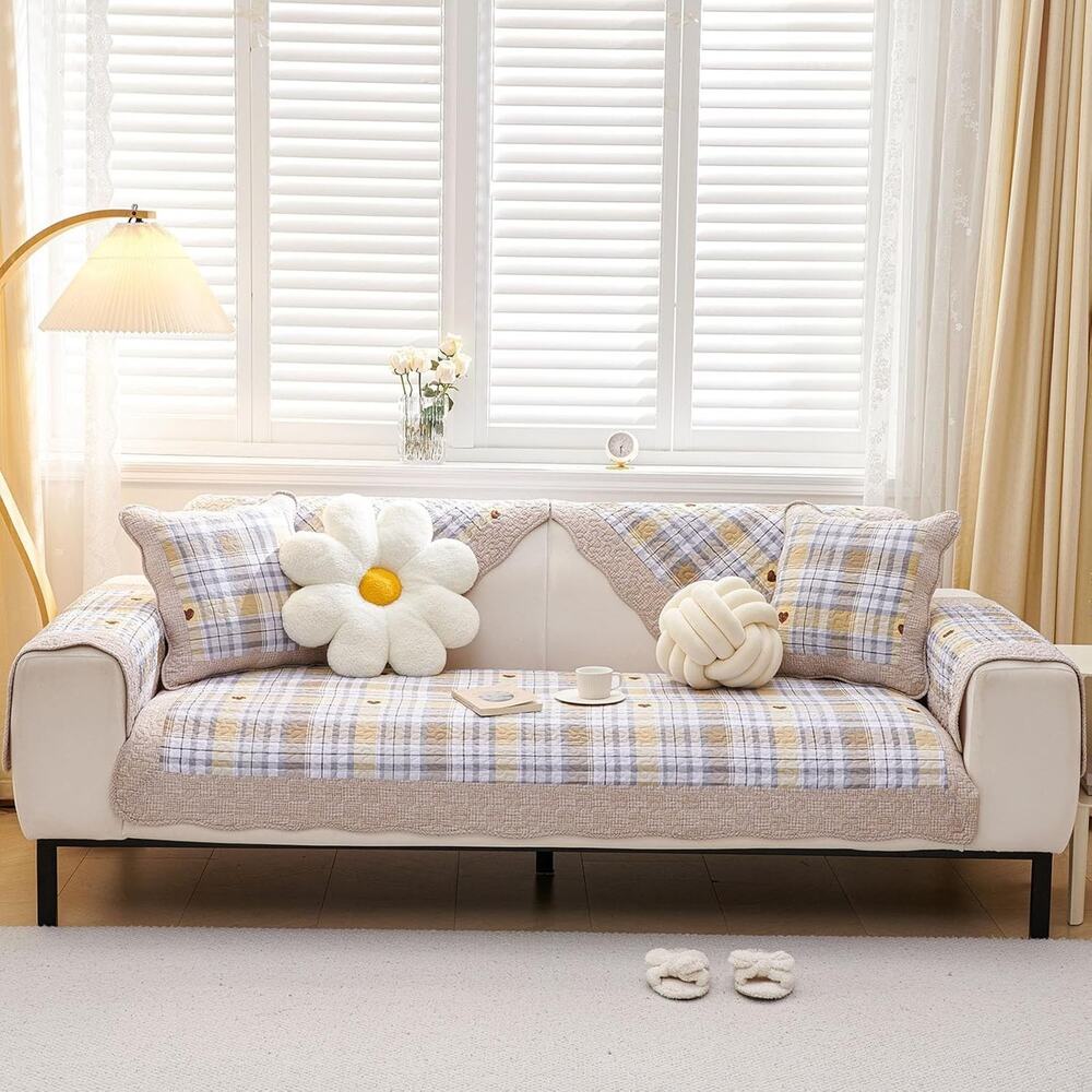 vctops Farmhouse Buffalo Check Plaid Cotton Sofa Couch Cover Patchwork Quilted - Picture 2 of 5